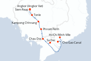 Carte de l'itinéraire de croisière Ho Chi Minh-Ville-Siem Reap d'une durée de 10 jours