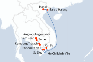 Carte de l'itinéraire de croisière Siem Reap-Hanoï d'une durée de 13 jours