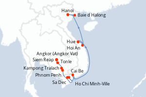 Carte de l'itinéraire de croisière Siem Reap-Hanoï d'une durée de 16 jours
