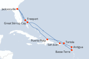 carte itinéraire croisière Caraïbes Mexique 11 jours au départ du port de Jacksonville