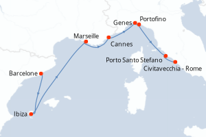 Carte de l'itinéraire de croisière Barcelone-Civitavecchia - Rome d'une durée de 7 jours