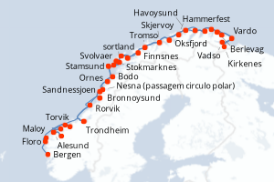 Carte de l'itinéraire de croisière Bergen-Trondheim d'une durée de 15 jours