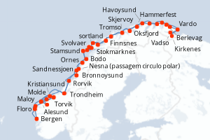Carte itinéraire croisière Norvège - 13 jours au départ de Bergen - Europe du Nord