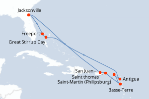 carte itinéraire croisière Caraïbes Mexique 12 jours au départ du port de Jacksonville