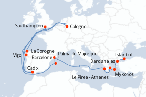 carte itinéraire croisière Europe du Nord 18 jours au départ du port de Istanbul