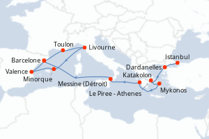 carte itinéraire croisière Sicile 14 jours au départ du port de Istanbul