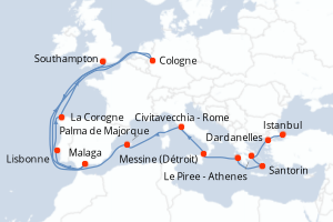 carte itinéraire croisière Europe du Nord 18 jours au départ du port de Istanbul