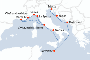 carte itinéraire croisière Adriatique 14 jours au départ du port de Trieste