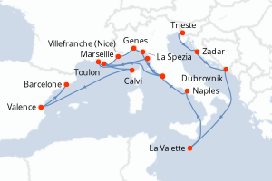 carte itinéraire croisière Adriatique 21 jours au départ du port de Trieste