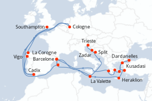 carte itinéraire croisière Europe du Nord 32 jours au départ du port de Trieste