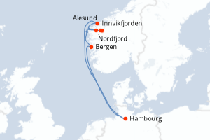 carte itinéraire croisière Fjörds norvégiens 6 jours au départ du port de Hambourg