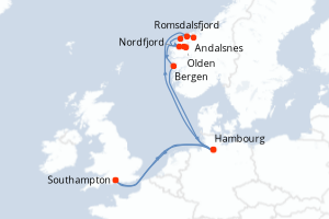 carte itinéraire croisière Fjörds norvégiens 12 jours au départ du port de Southampton