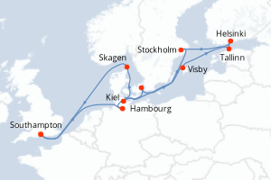 carte itinéraire croisière Europe du Nord 14 jours au départ du port de Southampton
