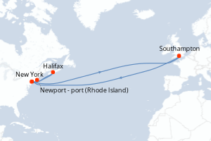 Carte de l'itinéraire de croisière Southampton-Southampton d'une durée de 21 jours
