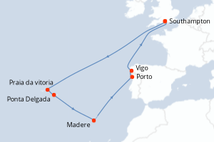 Carte de l'itinéraire de croisière Southampton-Southampton d'une durée de 13 jours