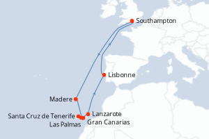 Carte de l'itinéraire de croisière Southampton-Southampton d'une durée de 14 jours