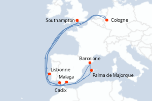 carte itinéraire croisière Europe du Nord 14 jours au départ du port de Southampton