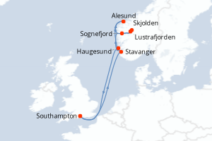 carte itinéraire croisière Fjörds norvégiens 7 jours au départ du port de Southampton