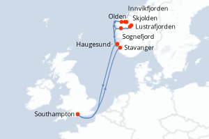Carte de l'itinéraire de croisière Southampton-Southampton d'une durée de 7 jours