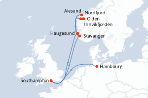 Carte de l'itinéraire de croisière Southampton-Hambourg d'une durée de 9 jours