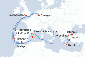 carte itinéraire croisière Méditerranée 17 jours au départ du port de Southampton