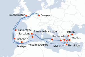carte itinéraire croisière Sicile 24 jours au départ du port de Southampton