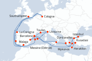 carte itinéraire croisière Sicile 31 jours au départ du port de Southampton