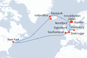 Carte de l'itinéraire de croisière Southampton-Hambourg d'une durée de 23 jours