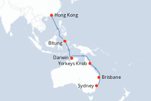 carte itinéraire croisière Asie 18 jours au départ du port de Sydney