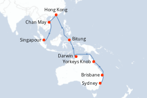 carte itinéraire croisière Asie 24 jours au départ du port de Sydney