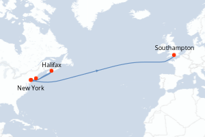 Carte de l'itinéraire de croisière New York-Southampton d'une durée de 14 jours