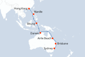 carte itinéraire croisière Australie Nouvelle Zélande 18 jours au départ du port de Hong Kong