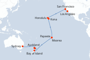 carte itinéraire croisière Australie Nouvelle Zélande 28 jours au départ du port de Los Angeles