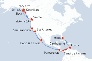 carte itinéraire croisière Caraïbes Bahamas 28 jours au départ du port de Seattle