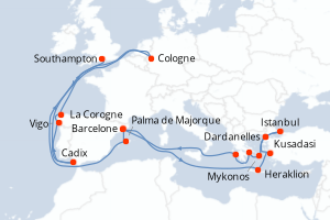 carte itinéraire croisière Europe du Nord 25 jours au départ du port de Barcelone