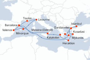 carte itinéraire croisière Sicile 21 jours au départ du port de Barcelone
