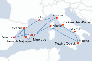 Carte de l'itinéraire de croisière Barcelone-Civitavecchia - Rome d'une durée de 14 jours