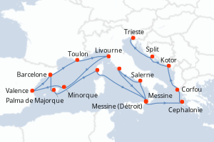 carte itinéraire croisière Sicile 21 jours au départ du port de Barcelone