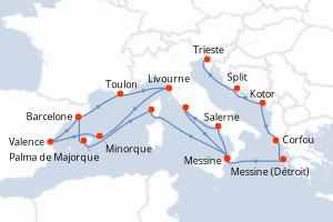 carte itinéraire croisière Sicile 21 jours au départ du port de Barcelone