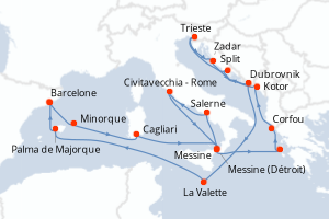 carte itinéraire croisière Sicile 21 jours au départ du port de Barcelone