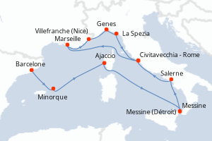 Carte de l'itinéraire de croisière Barcelone-Civitavecchia - Rome d'une durée de 14 jours