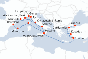 carte itinéraire croisière Sicile 21 jours au départ du port de Barcelone