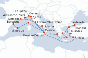carte itinéraire croisière Sicile 28 jours au départ du port de Barcelone