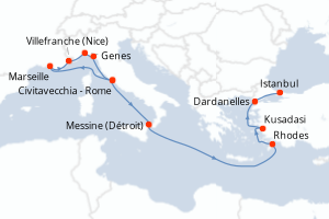 carte itinéraire croisière Sicile 14 jours au départ du port de Civitavecchia - Rome