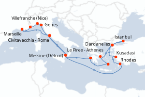 carte itinéraire croisière Sicile 21 jours au départ du port de Civitavecchia - Rome