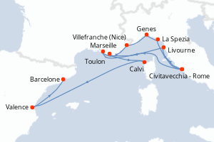 carte itinéraire croisière Méditerranée 14 jours au départ du port de Civitavecchia - Rome