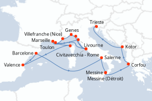 carte itinéraire croisière Sicile 21 jours au départ du port de Civitavecchia - Rome