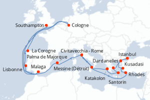 carte itinéraire croisière Europe du Nord 25 jours au départ du port de Civitavecchia - Rome