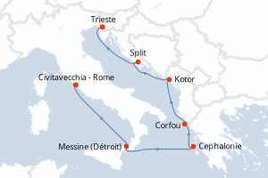 carte itinéraire croisière Sicile 7 jours au départ du port de Civitavecchia - Rome