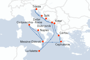 carte itinéraire croisière Sicile 14 jours au départ du port de Civitavecchia - Rome